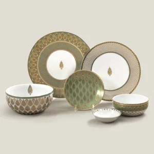 MIRAN WHITE GREEN & GOLD PORCELAIN DINNER SET FOR 6