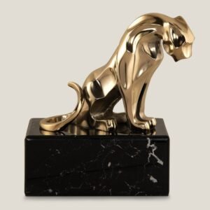 PANTHERA GOLD & BLACK METAL & GLASS SCULPTURE