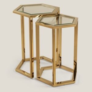 HEXAD GOLD STAINLESS STEEL & GLASS NEST OF TABLES