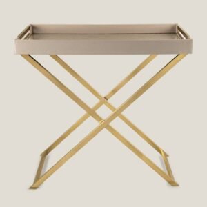 CYBUS BEIGE & GOLD FAUX LEATHER BUTLER SERVING TRAY WITH STAND